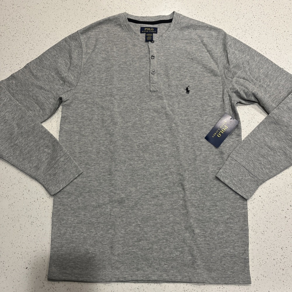 NWT Polo Ralph Lauren Waffle Knit Henley Thermal Crew-Neck T-Shirt SZ- L - Gray